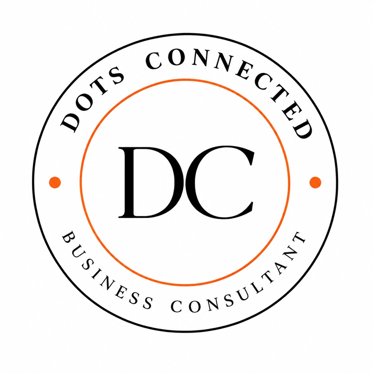 Dots Connected — Business Consultant logo, a circular emblem with the initials DC